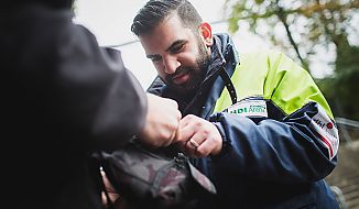 Die Ordner im Eingangsbereich durchsuchen die Taschen der Fans.